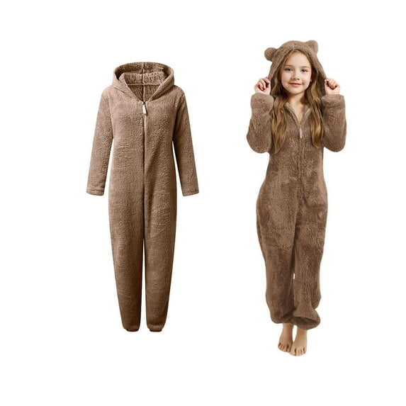 Kids Onesie Pajamas Fleece Bear Hooded One-Piece Sleepwear Boys Pajamas with Zip Up One-Piece Sleepwear Winter Pajamas 7-8 Years