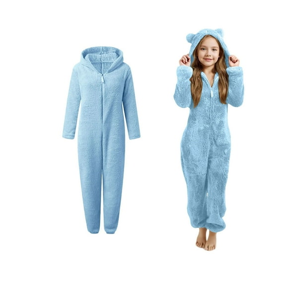Kids Onesie Pajamas Bear Hooded One-Piece Sleepwear Zipper Onesie Pajamas One-Piece Loungewear Cold Weather Kids Clothes 4-5 Years