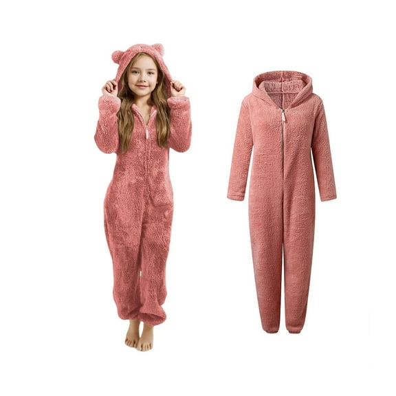 Kids Onesie Pajamas Girls Pajamas with Bear-Eared Hood Zip-Up Onesie Pajamas One-Piece Loungewear Kids Winter Suit 9-10 Years