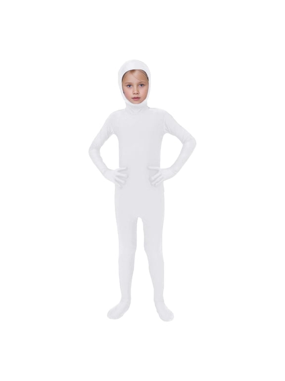 Kids Open Face Full Body Zentai Suit Long Sleeve Open Face Hood Stretch Unitard for Stage Boys Girls Performance Cosplay Outfits 6-7 Years