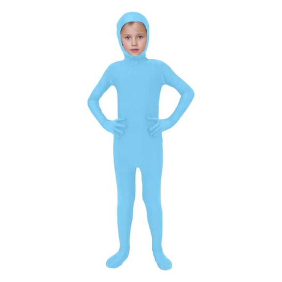 Kids Open Face Full Body Zentai Suit Long Sleeve Open Face Hood Stretch Unitard for Stage Boys Girls Performance Cosplay Outfits 8-9 Years
