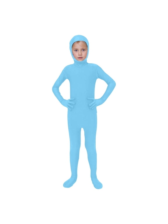 Kids Open Face Full Body Zentai Suit Long Sleeve Open Face Hood Stretch Unitard for Stage Boys Girls Performance Cosplay Outfits 8-9 Years