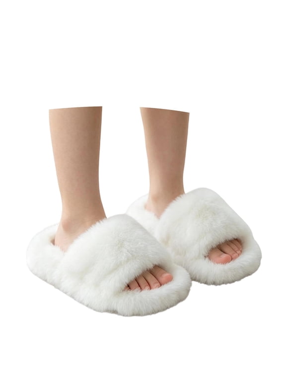 Kids Open Toe Fuzzy Plush Slippers Girls Warm Fluffy Indoor House Slides Anti Soft Cozy Winter Home Slippers for Children(White,5.5-6 Years)