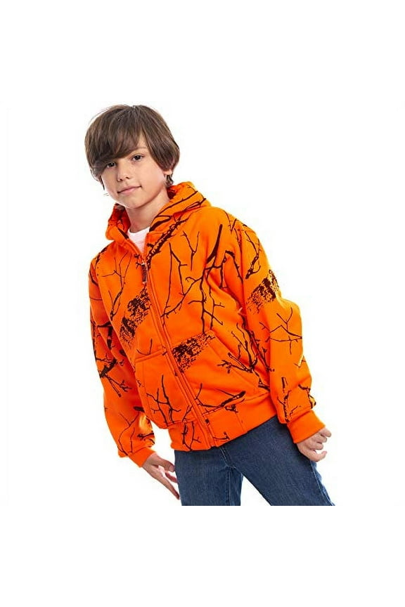 Kids Orange Safety Full Zip High Visibility Thick Fleece Hooded Sweatshirt Hunting Jacket, Orange Camo, XL