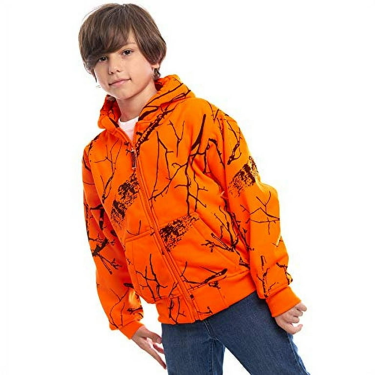 Kids Orange Safety Full Zip High Visibility Thick Fleece Hooded Sweatshirt Hunting Jacket Small Blaze Orange Camo