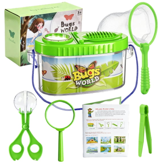 Kids Outdoor Bug Catching Kit , 6 Piece Green Bug Collection Set With Insect Container Tweezers Net Magnifier And Guide Book For Young Nature Explorers, Beginner Bug Hunting Tools