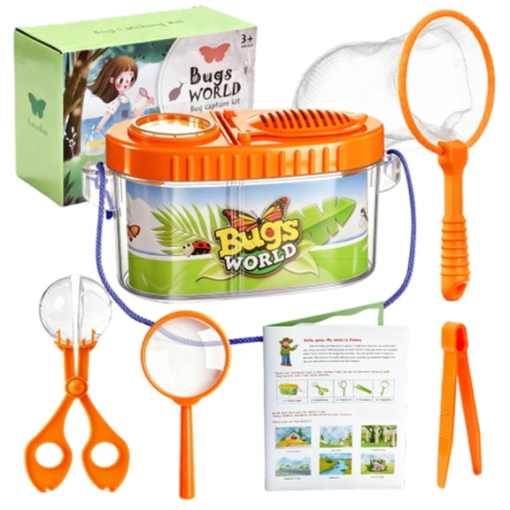 Kids Outdoor Bug Catching Kit , 6-Piece Set With Insect Box Capture Tweezers Magnifier Net Orange For Backyard Exploration Camping Nature Learning