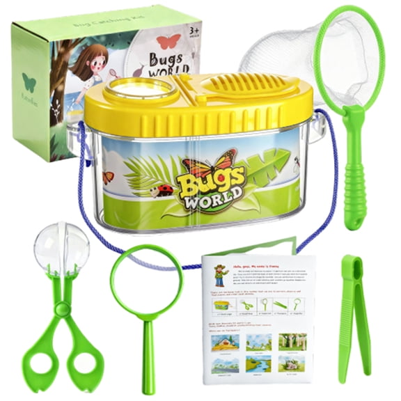 Kids Outdoor Bug Catching Kit , 6 Piece Yellow Exploration Set With Bug Box, Tweezers, Net, Magnifier For Junior Entomology Adventures, Backyard Nature Scavenger Hunts, And