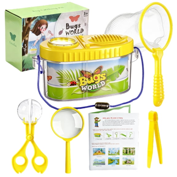 Kids Outdoor Bug Catching Kit, Yellow Bug Hunting Tools 6 Piece Set With Insect Box Catcher Forceps Net Magnifier Instruction Manual For Backyard Nature Exploration