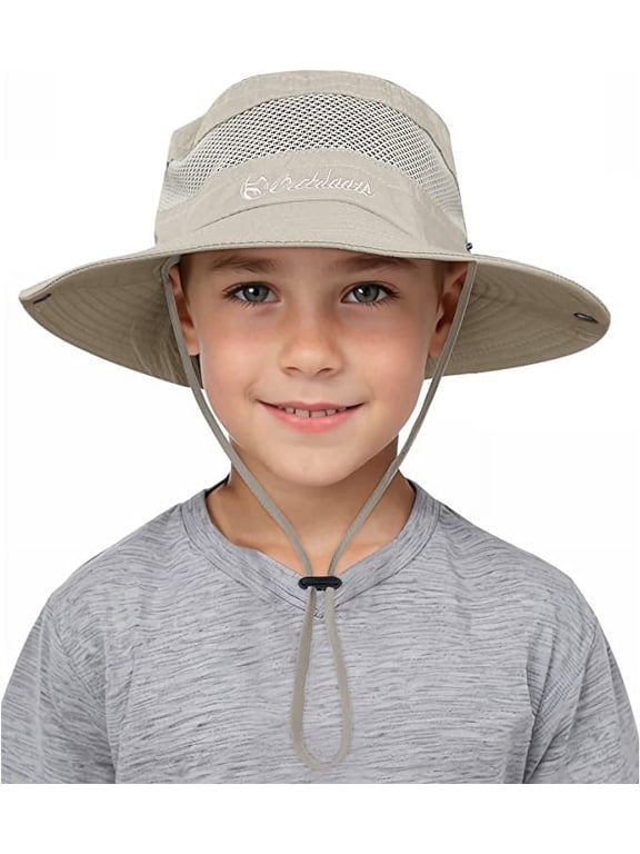 Kids Outdoor Mesh Cowboy Hat UPF 50+ Summer Sun Hat Wide Brim Bucket Hat Beach Hiking Safari Hat Beige