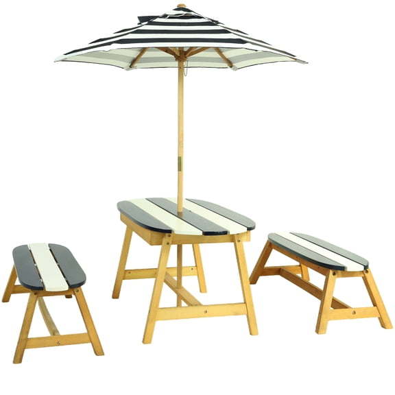 iRerts Kids Picnic Table Set, Wooden Kids Table and Benches Set with Umbrella, Kids Garden Furniture Set for Patio Garden, Gift for Toddler Boys Girls Age 3+, Outdoor Indoor Use