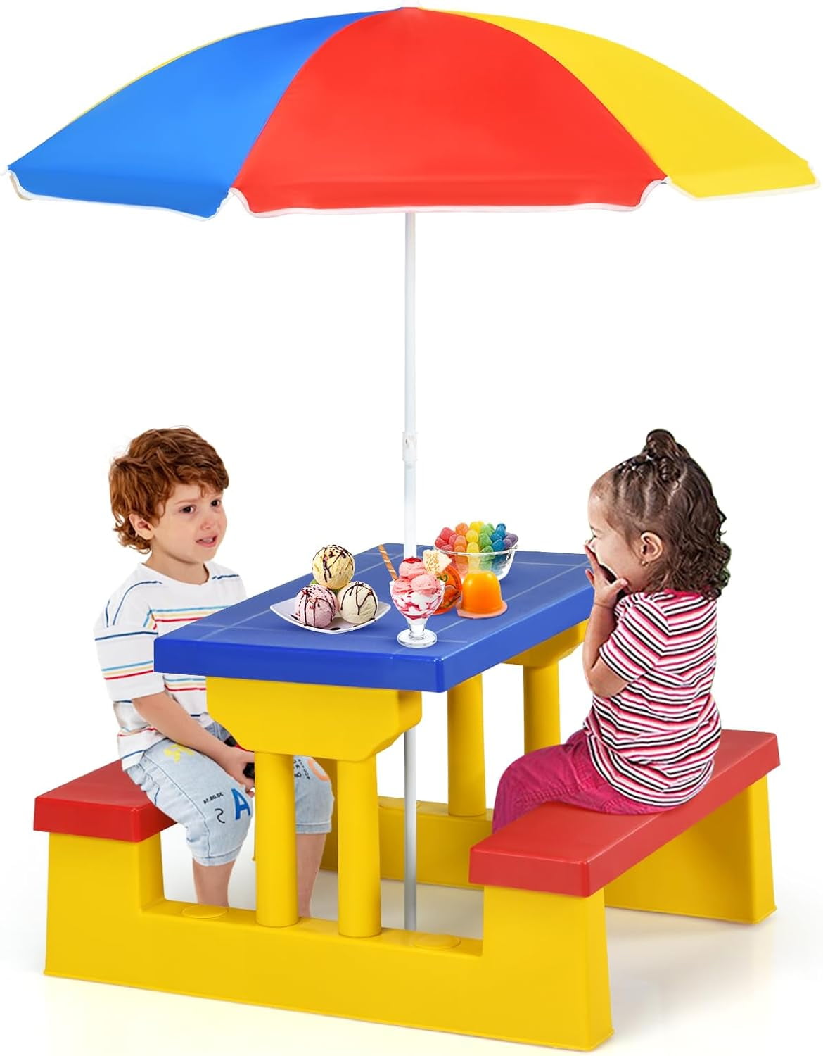 Kids Outdoor Picnic Table with and Umbrella, Plastic Activity Set for Backyard or Garden ...