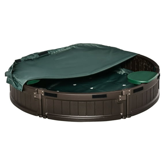 Kids Outdoor Sandbox with Cover and Seats, Easy Assembly Round Children's Sandbox for Backyard Play, Durable Garden Sand Box with Waterproof Lid, Brown