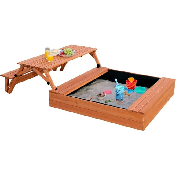 Kids Outdoor Sandbox Wooden Sand Pit with Foldable Picnic Table