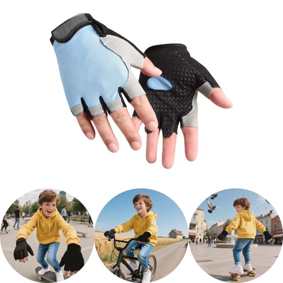 Kids Outdoor Sports Gloves, Half Finger Breathable Anti Slip Polyester Cycling Gloves for Training Fitness and Active Play