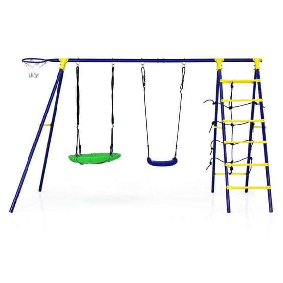 Kids Outdoor Swing Set 5-in-1 with Basketball Hoop & Climbing Ladder - Blue Metal A-Frame Swing Set for Backyard - 166lbs Capacity