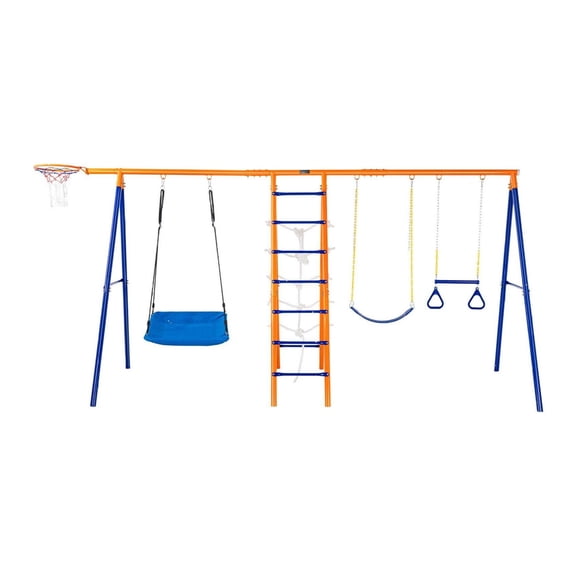 Kids Outdoor Swingset, 6-in-1 Backyard Playset w/ Trapeze, Ladder, Net & Basketball Hoop, 440lbs Capacity, Heavy Duty A-Frame Swing Set for Ages 3+