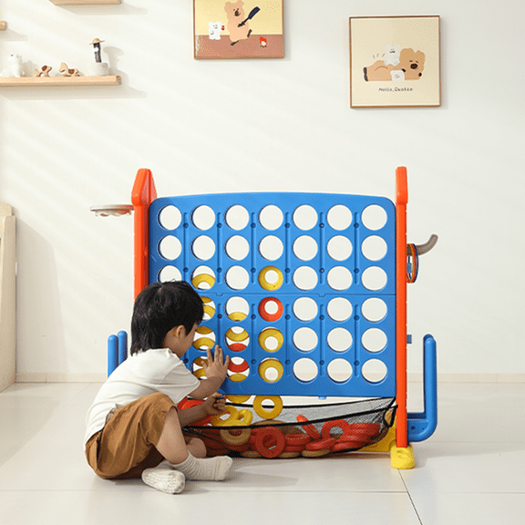 Kids Outdoor Toys, 4-to-Score Giant Game Set with Mesh Bag & Jumbo Connect 4, Basketball Hoop, Ring Toss & Golf Games & Height Adjustable for Indoor & Outdoor Fun for Kids and Adults