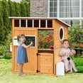 thumbnail image 1 of Kids Outdoor Wooden Playhouse, Garden Games Cottage, w/ Door Bench Blackboard, 1 of 21