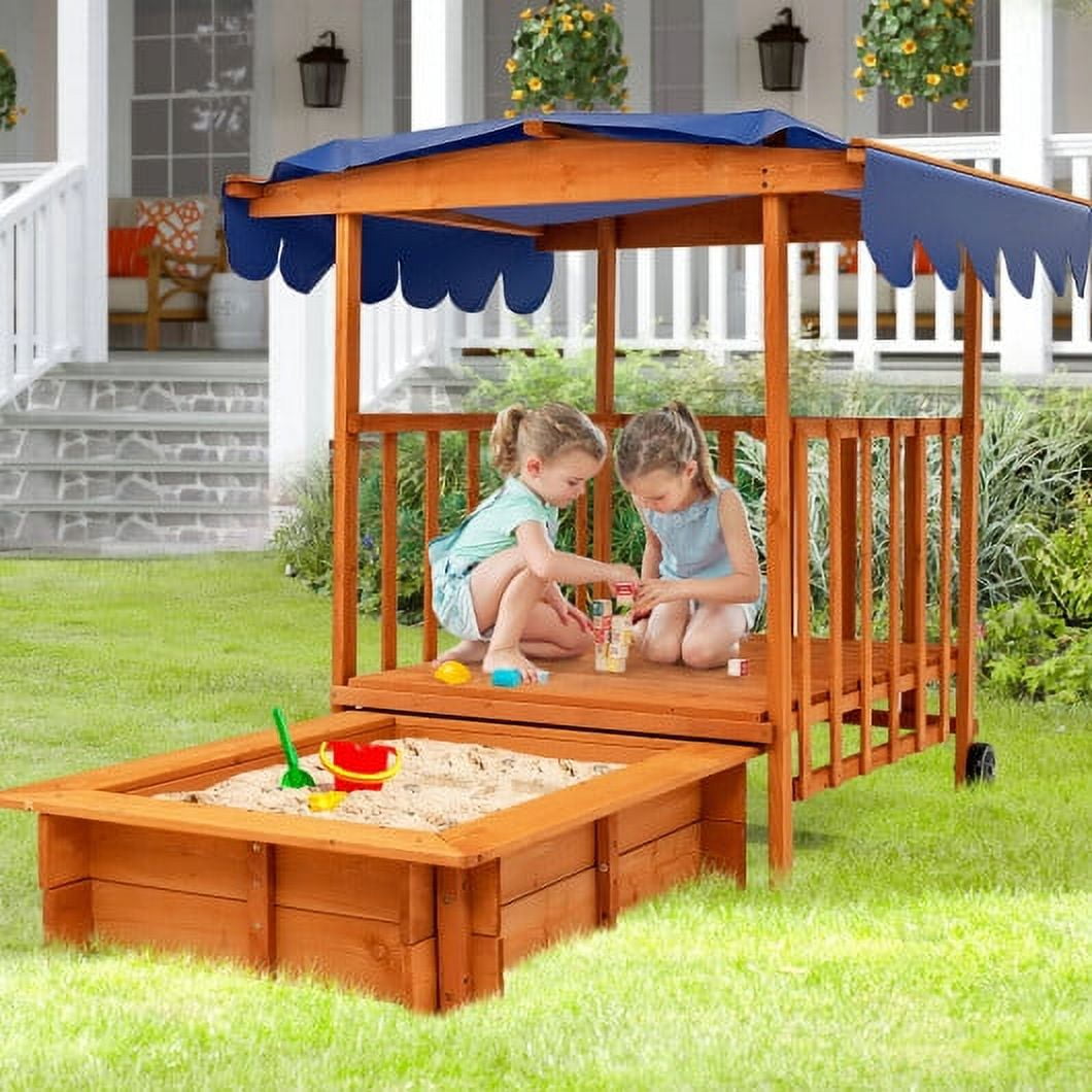 Kids Outdoor Wooden Retractable Sandbox with Cover and Builtin Wheels