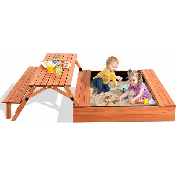Kids Outdoor Wooden Sandbox Large Kids Sand Box with Lid Sand Box with Cover Gift for Ages 2-8 Foldable Picnic Table and Seat Bottom Liner Included
