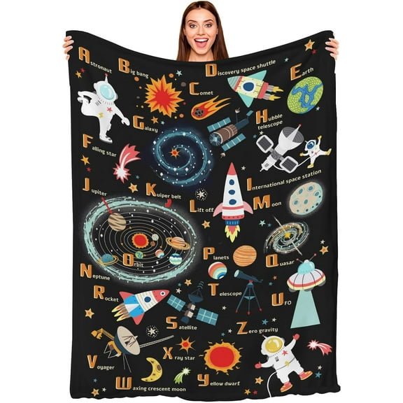Kids Outer Space Alphabet Educational Throw Blanket, ABC Learning Astronaut Planet Flannel Fleece Bed Blankets, Galaxy Solar System Soft Lightweight Boy Girl Bedding 50 x 60 Space Lover Gift