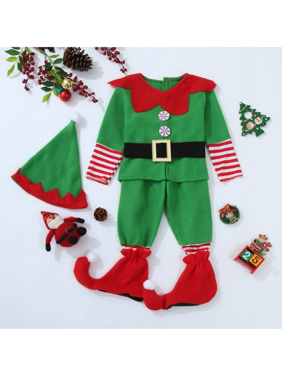 Kids Outfit Sets – Christmas Elf Short Sleeve Four Piece Set – Holiday Gatherings Family Photos Outfits (Age 1 to 12 Years)