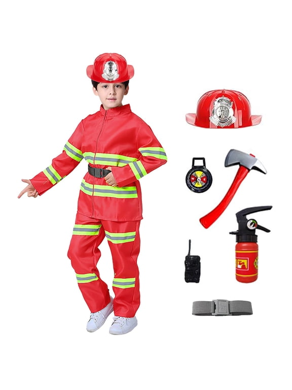 Kids Outfit Sets – Firefighter Vest And Helmet With Toy Accessories – Dress Up Fun School Events Party Wear (Age 1 to 16 Years)