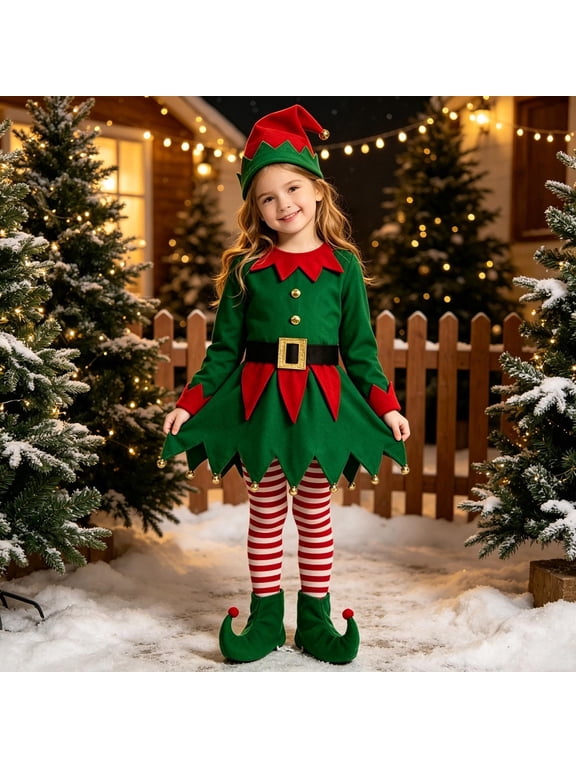 Kids Outfit Sets – Girls Christmas Family Fairy Elf Green Performance Suit – Holiday Fun School Events Outfits (Age 4 to 14 Years)