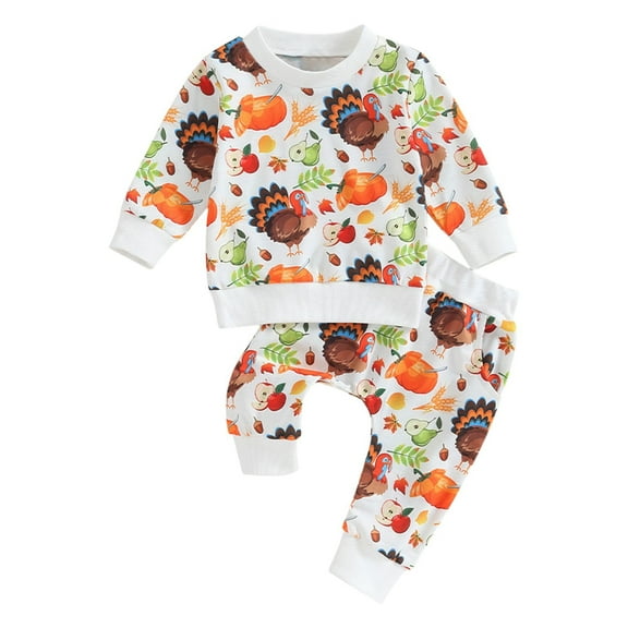 Kids Outfit Soft Cotton Warm Crewneck Long Sleeved Round Neck Turkey Print Sweatshirt Set Clothes Set For Boys Or Girls