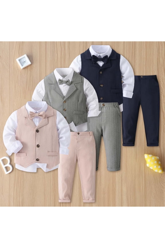 Kids Outfits for Boys Party Ready Boys Formal Suit Set Collared Dress Shirt Vest Tailored Pants and Bow Tie Elegant Matching Outfit for Kids Formal Dress Up and Special Events Blue 100