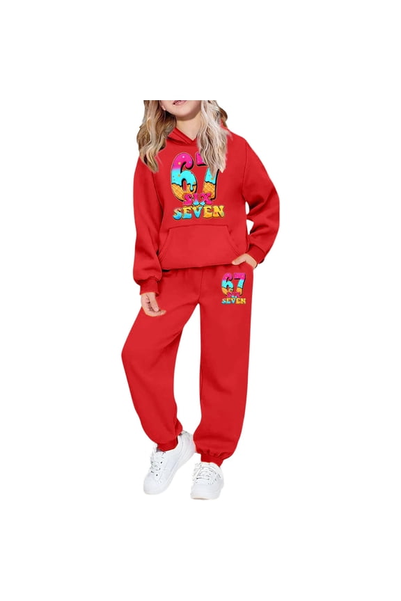 Kids Outfits Set 6 7 Six Seven Letter Outfits Set Comfortable Boys Cartoon Graphic Print Hooded Zip Up Tracksuit Long Sleeve Athletic Outfit For Kids Red 100(3-4 Years)