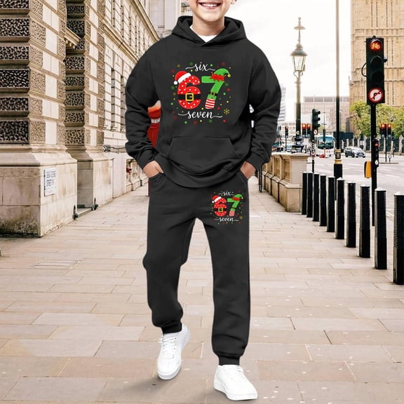 Kids Outfits Set 6 7 Six Seven Letter Outfits Set Comfortable Girls' Graphic Print Hoodie And Jogger Cozy Fleece Pullover With Pants Winter Outfit For Kids Black 150(11-12 Years)