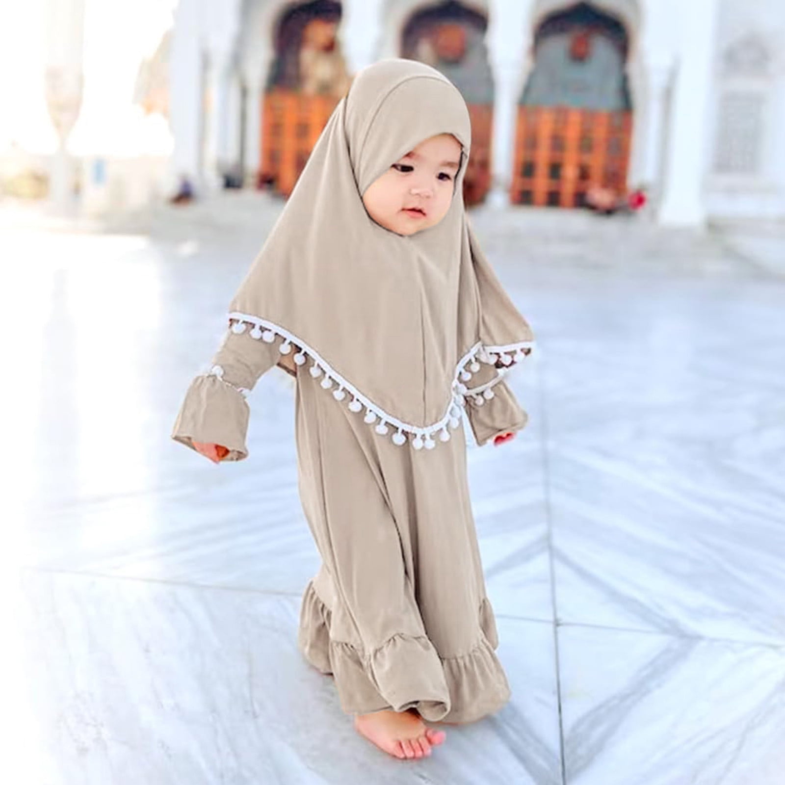 Qicasul Kids Outfits Set Ramadan Clothes For Girl Dress With Hijab For Baby Girls Prayer Dress Clothes Long Sleeve Khaki 0 Months-6 Months, Infant