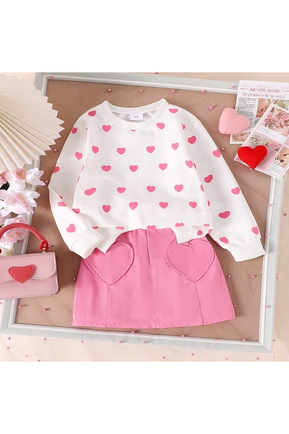 Kids Outfits Set Valentine'S Day Clothes For Girls Fashion Trend Heart Print Sweater + Skirt Two Piece Set Valentine Pink 7Y