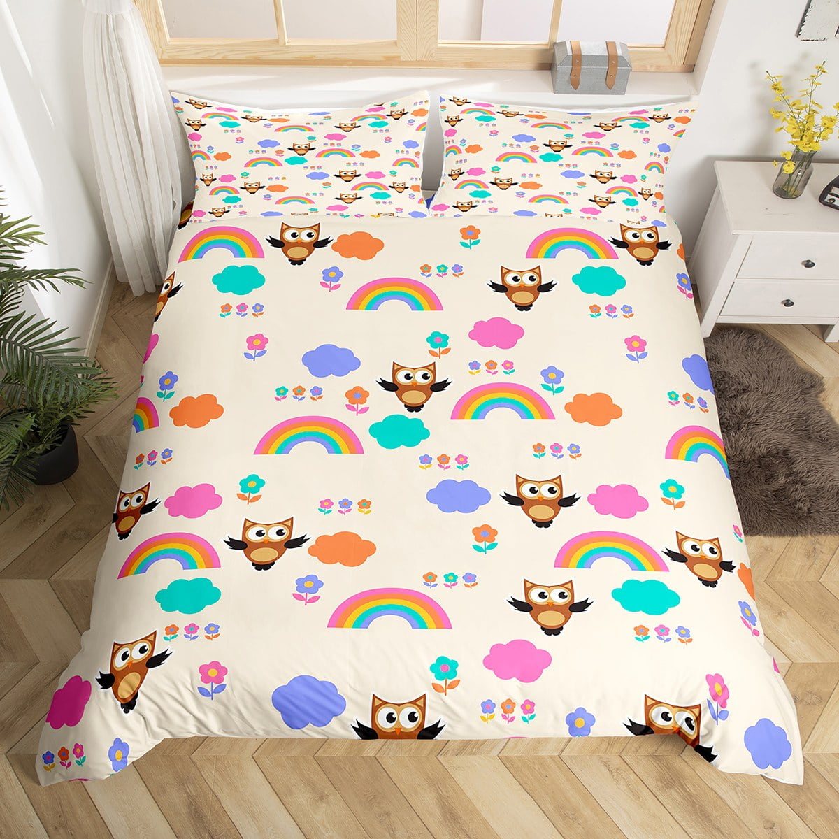 Kids Owl Bed Set for Boys Girls Flower Duvet Cover Twin Size, Kawaii