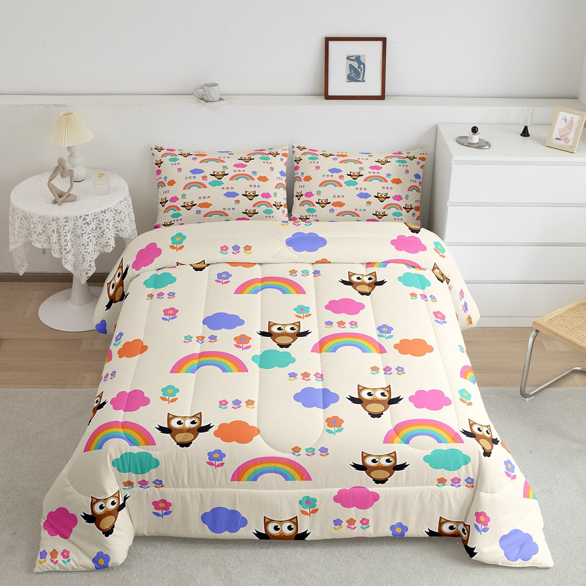 Kids Owl Bedding Twin for Boys Girls Flower Comforter Set, Kawaii Owls