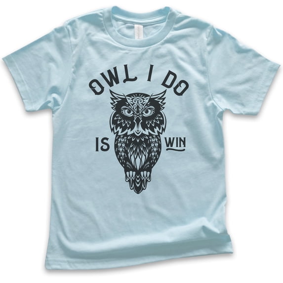 Kids Owl I Do Is Win Shirt, Youth Kids Boy Girl T-Shirt, Owl Animal Pun Shirt, Owl Graphic Shirt, Owl Shirt, Light Blue, X-Large