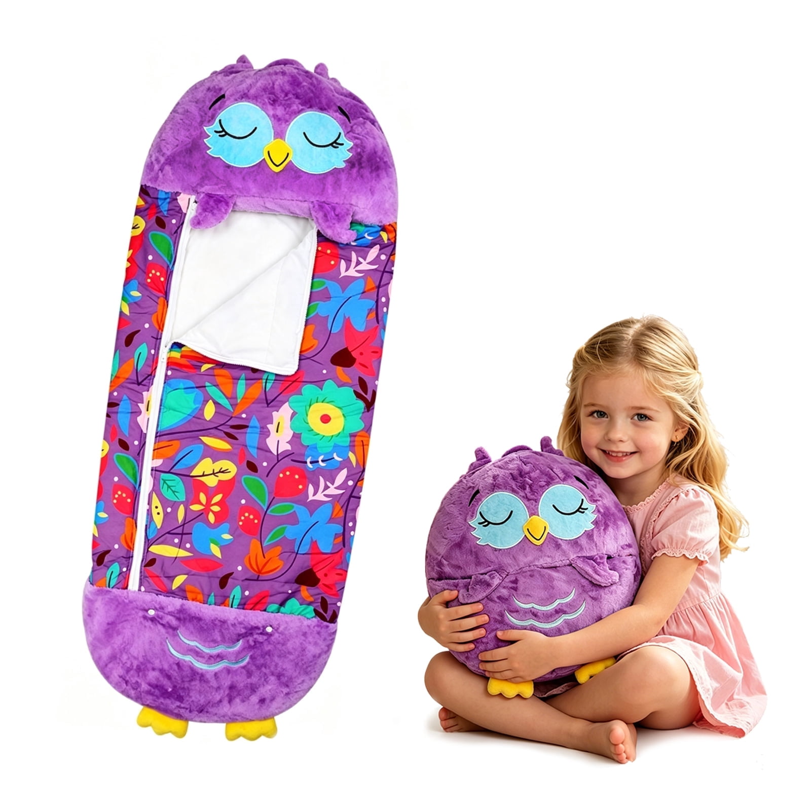 Kids Owl Sleeping Bag with Pillow - 2-in-1 Foldable, All Seasons, Soft & Warm (54"x20")