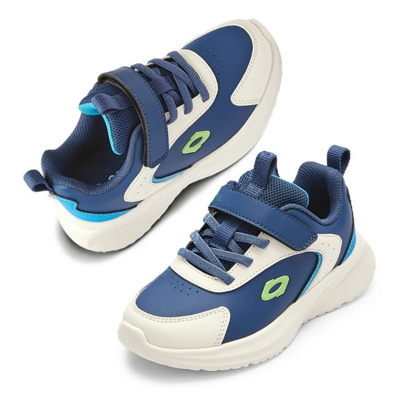 Kids PU Leather Athletic Sneakers with Hook & Loop Strap, Breathable Mesh Lining, Lightweight Sport Casual Shoes for Boys & Girls