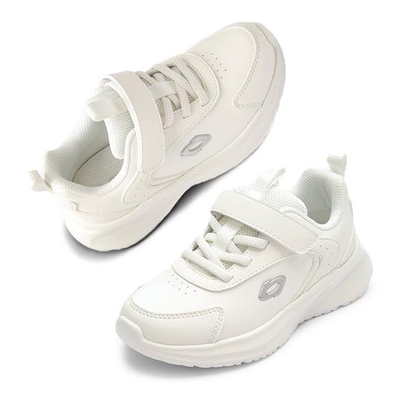 Kids PU Leather Athletic Sneakers with Hook & Loop Strap, Breathable Mesh Lining, Lightweight Sport Casual Shoes for Boys & Girls