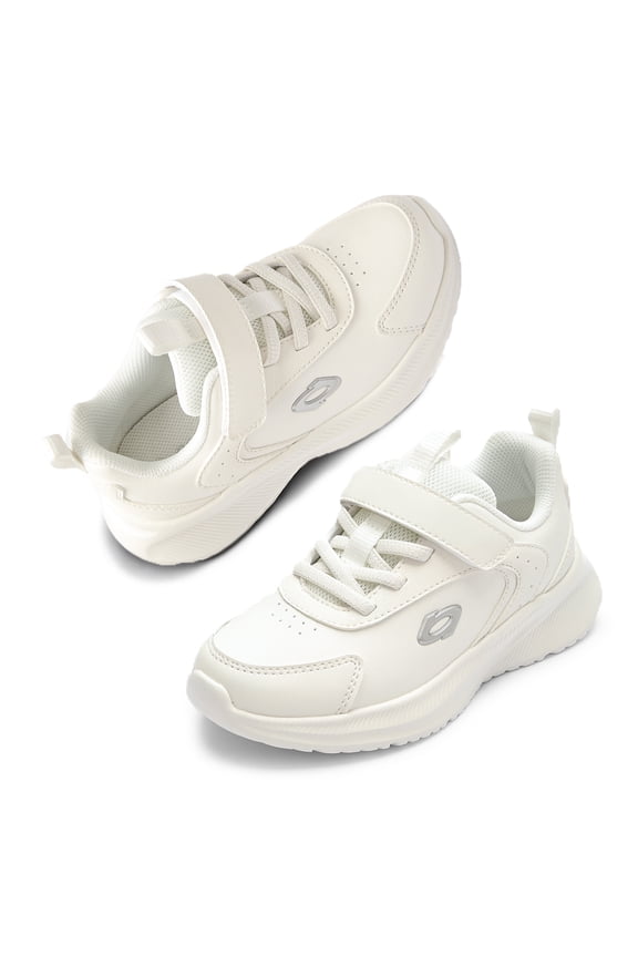 Kids PU Leather Athletic Sneakers with Hook & Loop Strap, Breathable Mesh Lining, Lightweight Sport Casual Shoes for Boys & Girls