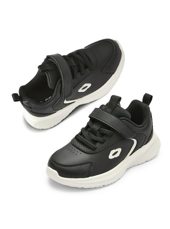Kids PU Leather Athletic Sneakers with Hook & Loop Strap, Breathable Mesh Lining, Lightweight Sport Casual Shoes for Boys & Girls