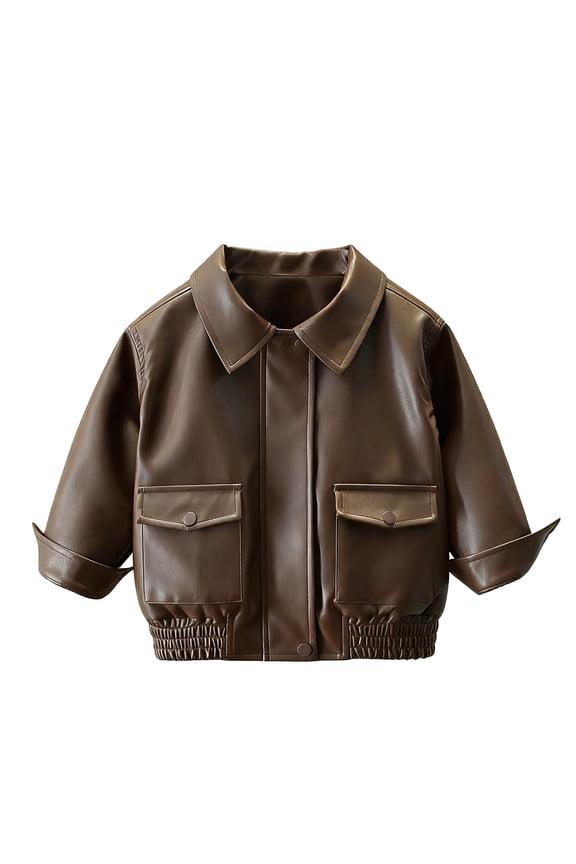 Kids PU Soft Leather Motorcycle Jackets Long Sleeve Fashion Button Lapel Coats Solid Color Lightweight Outerwear with Pocket 2-14 years