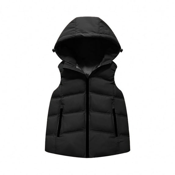 Kids Padded Vest Winter Puffy Detachable Hooded Zipper Up Sleeveless Jacket Jackets for 2025 Trendy,Color:Black,Size:11-12 Years
