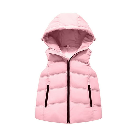 Kids Padded Vest Winter Puffy Detachable Hooded Zipper Up Sleeveless Jacket Jackets for 2025 Trendy,Color:Pink,Size:11-12 Years