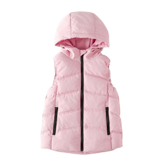Kids Padded Vest Winter Puffy Detachable Hooded Zipper Up Sleeveless Jacket Jackets for 2025 Trendy,Color:Pink,Size:4-5 Years