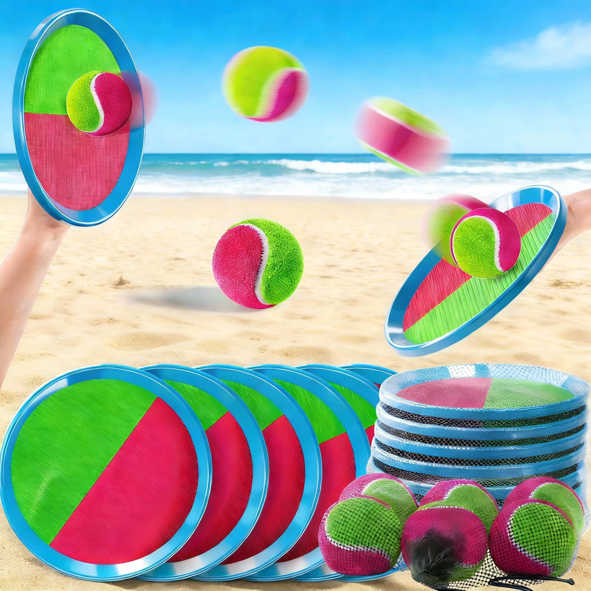 Kids Paddle Ball Game Set - 8 Paddles, 8 Balls, and Storage Bag, Outdoor Indoor Beach Backyard Fun for Boys Girls, Classic Toss and Catch Ball Game for Family, Party, and Camping Activities