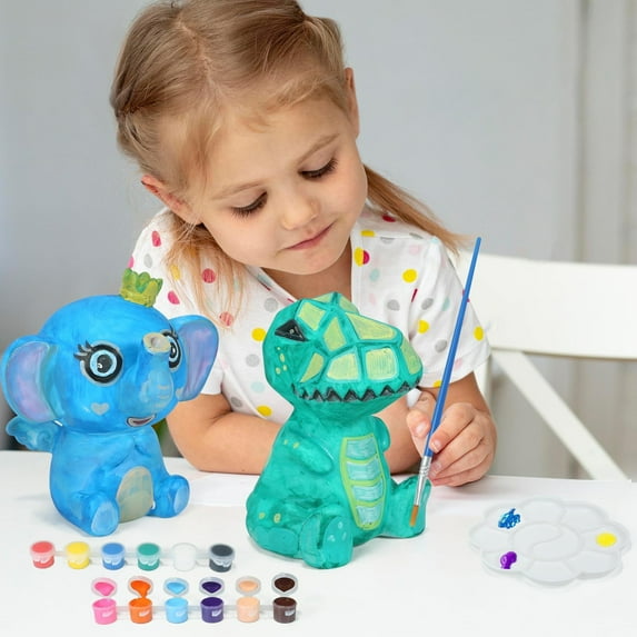 Kids Painting Craft Kit, DIY Ceramic Dinosaur and Elephant Figurines with Paints and Brushes for Holiday Gifts and Home Art Activities for Children, Classroom Projects and Family Creative Time
