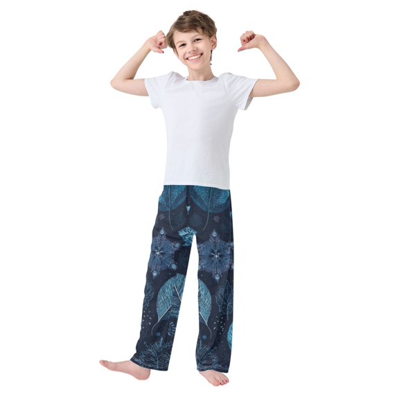 Kids' Pajama Pants Soft Relaxed Fit Sleep Pants Lounge Pants with Pockets Blue Leaves and Snowflakes Medium